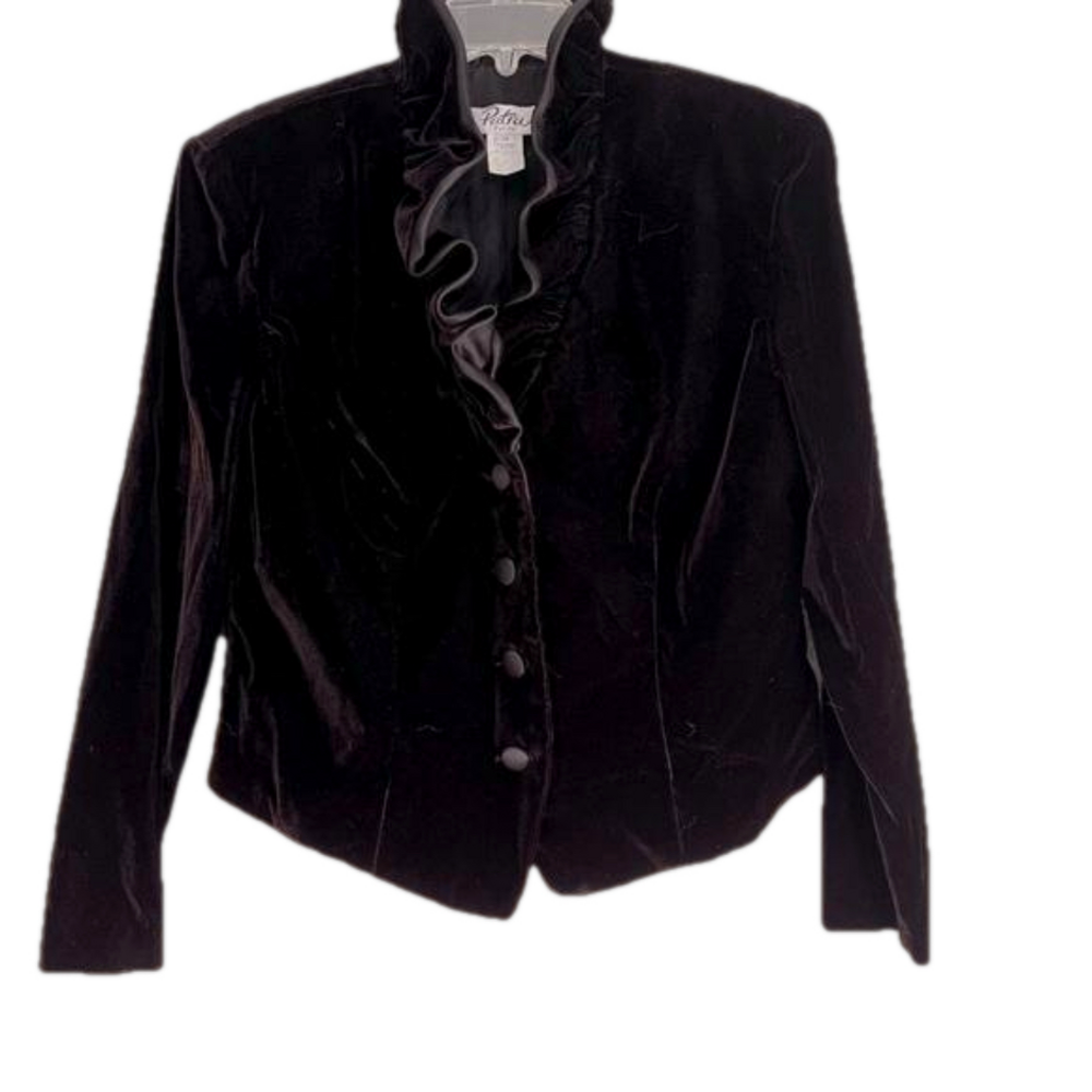 Vintage Patra Black Velvet Satin Ruffle Jacket Women's 14P Long Sleeve Coat - Picture 2 of 5